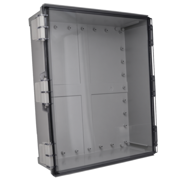 Eagle Eye Power Solutions BMS standard enclosure with a clear hinged cover and gray mounting backplate.